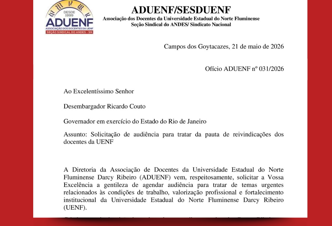 ADUENF SOLICITA REUNIÃO COM O GOVERNADOR RICARDO COUTO PARA TRATAR TEMAS DA CATEGORIA